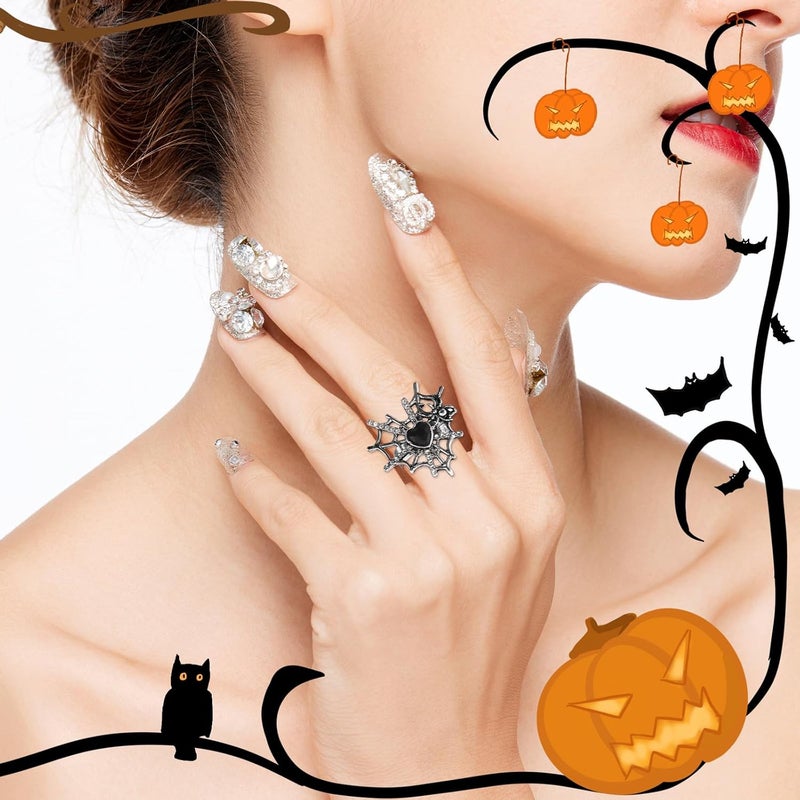 ANGLEQUEEN Punk Halloween Spider Rings for Women Knuckle Black Spider Web Bat Ring Gothic Vintage Dark Crystal Ring Red Rhinestone Statement Rings Halloween Witch Jewelry - Image 2